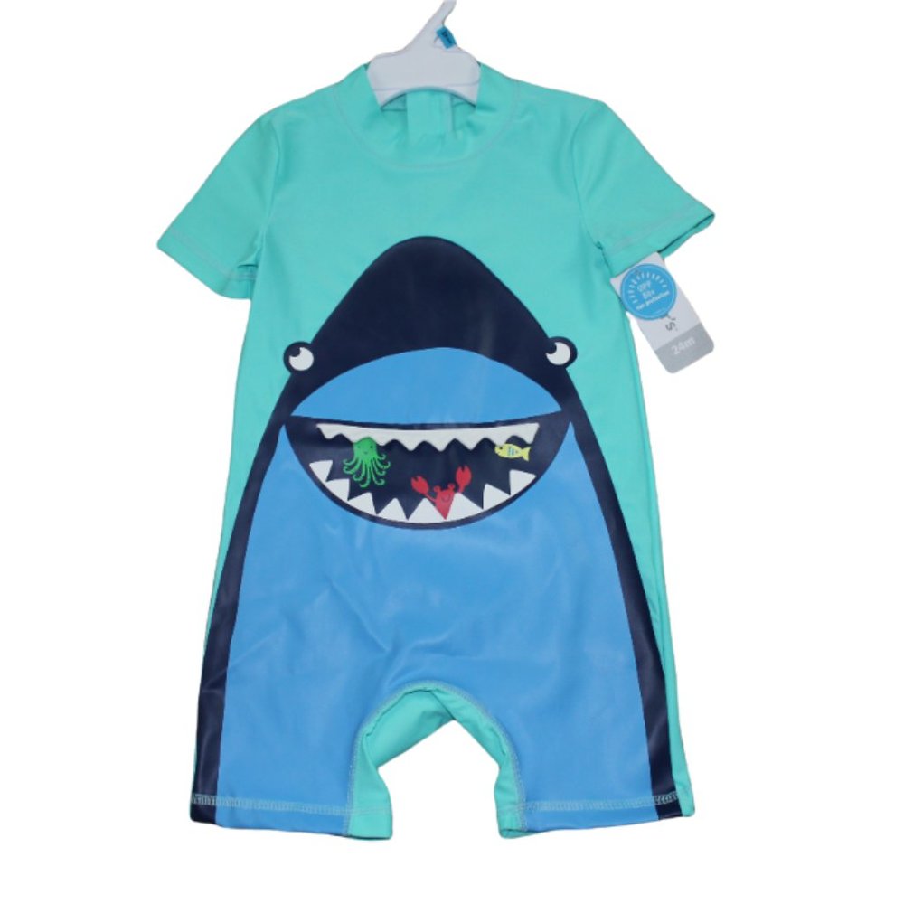 Carter's Shark One-Piece Rashguard Swimsuit Teal Baby Boys Size 3M 6M 24M NWT